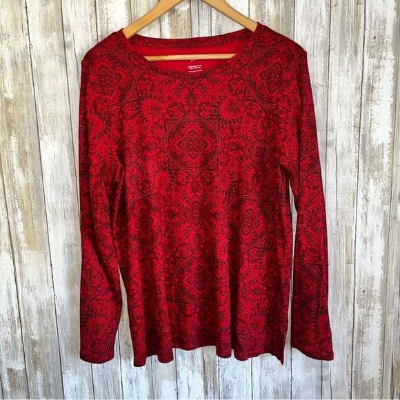 J. Jill Red Printed Long Sleeve Pima Crew Neck Tee - Picture 2 of 7